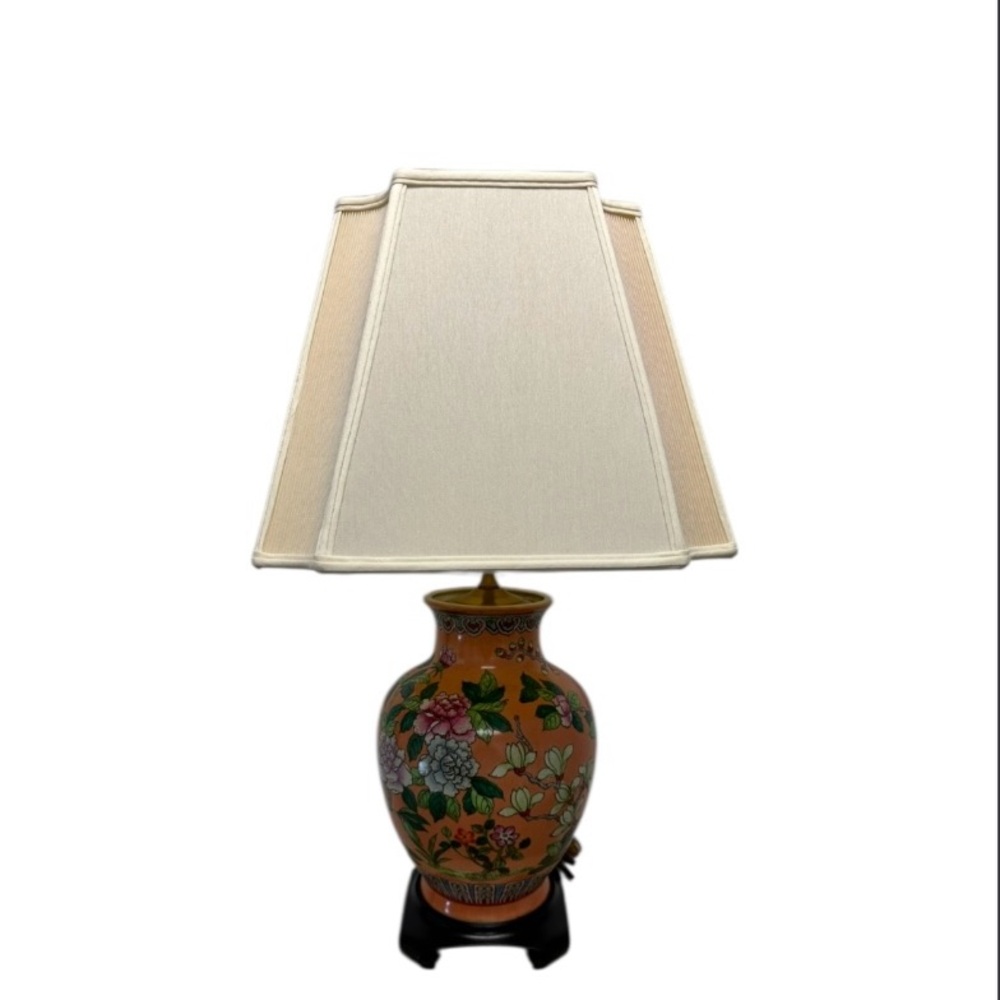 Floral Ceramic Table Lamp with Cream Shade